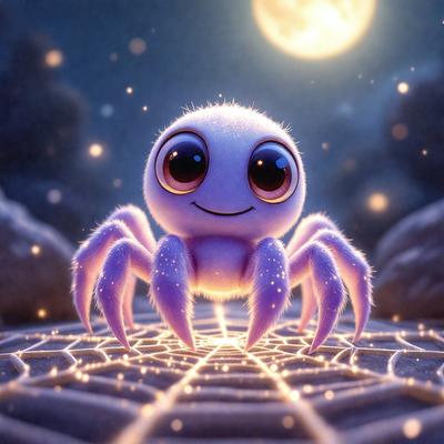 The primary subject of the image is a purple spider with big eyes, sitting on a web. The setting is a nighttime scene with a moon in the background. The visual style is a digital art or illustration, creating a whimsical and playful atmosphere. The colors are predominantly purple and blue, with the spider being the main focus of the image.